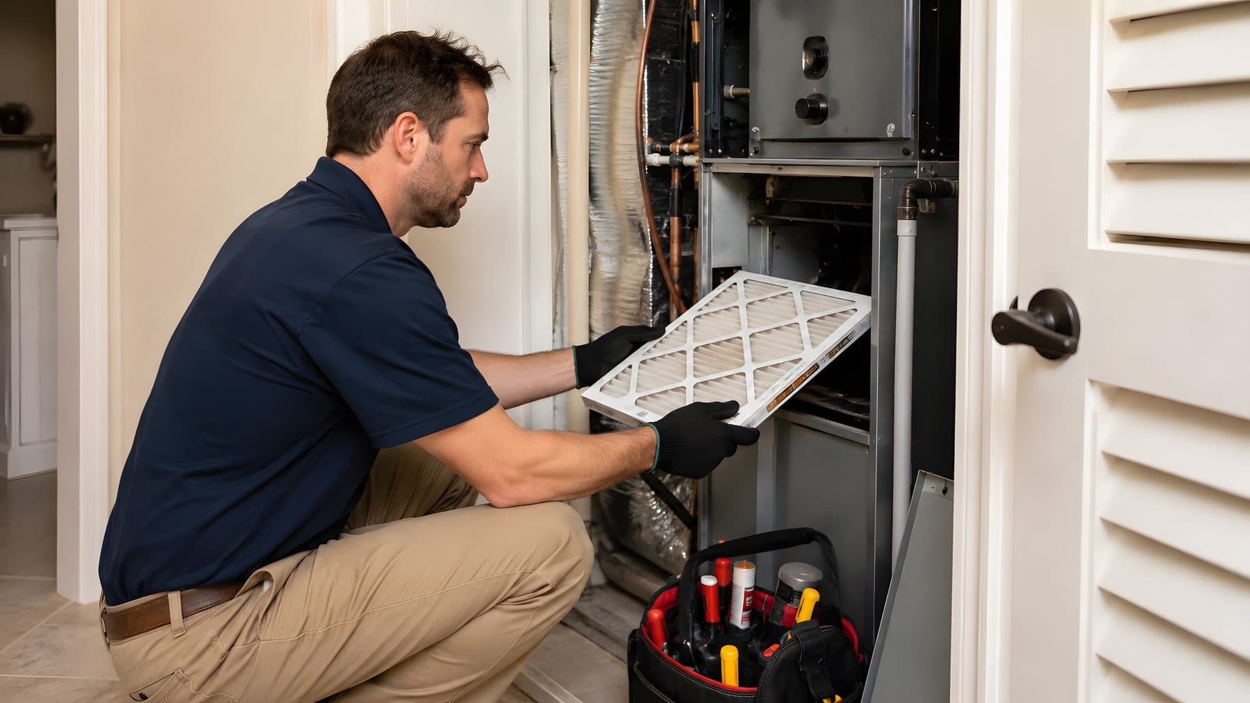 A tech installing a rectangular pleated filter in an indoor air handler
